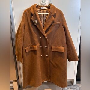 Long Double Breasted Notched Collar Brown Coat